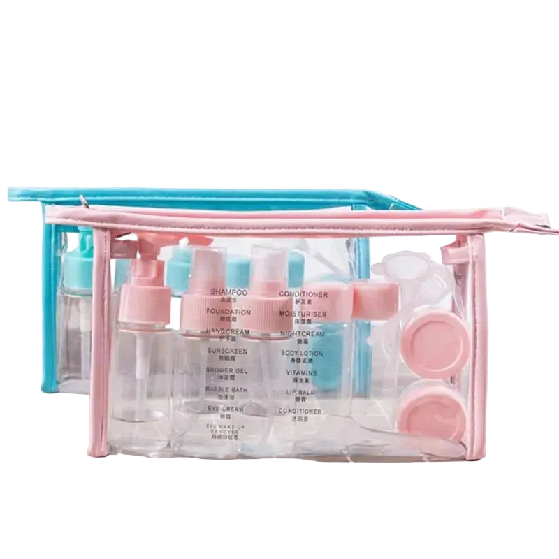 Trousse transparente avec flacons et accessoires de voyage
