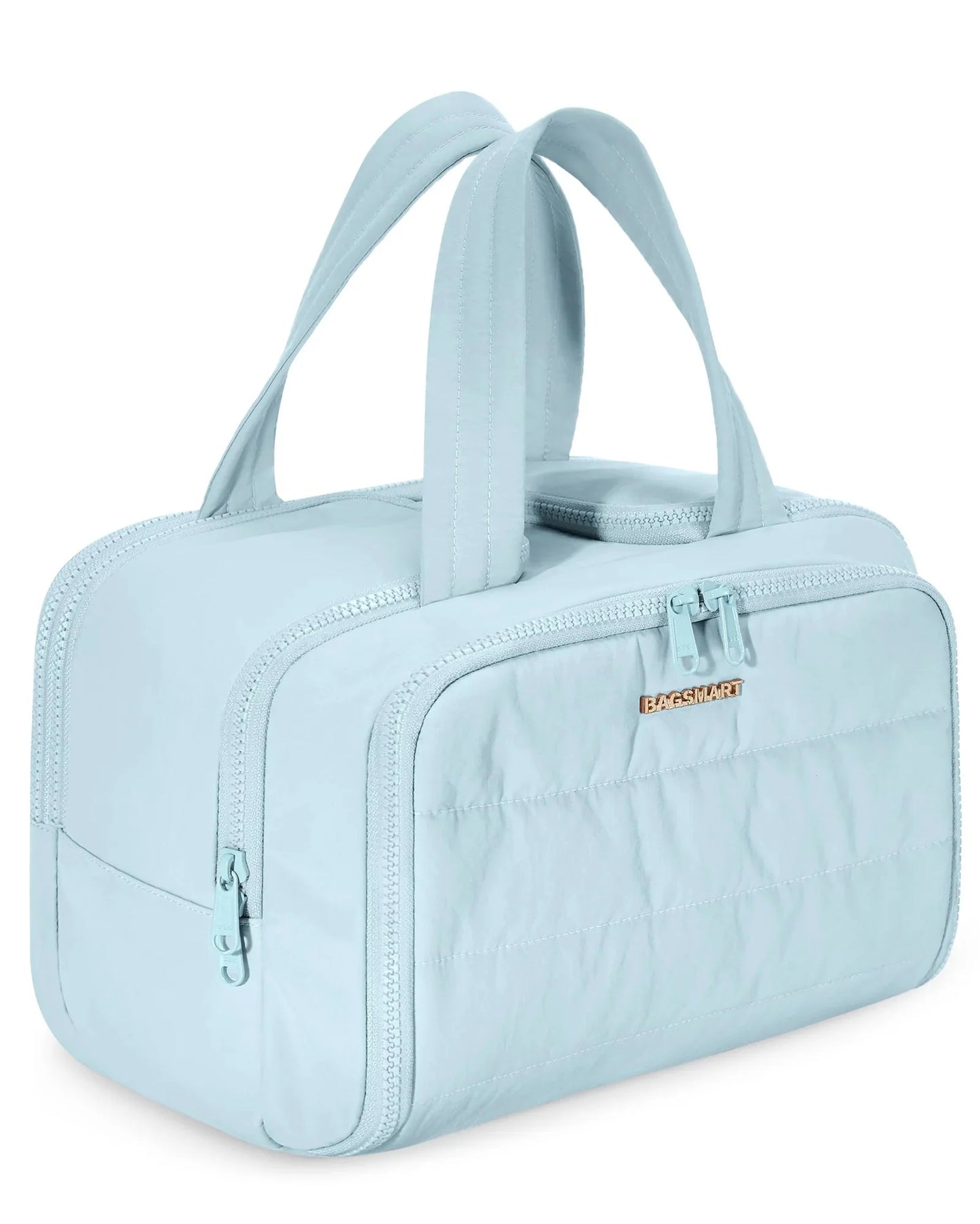 Trousse de toilette bleu ciel posée sur une surface plane