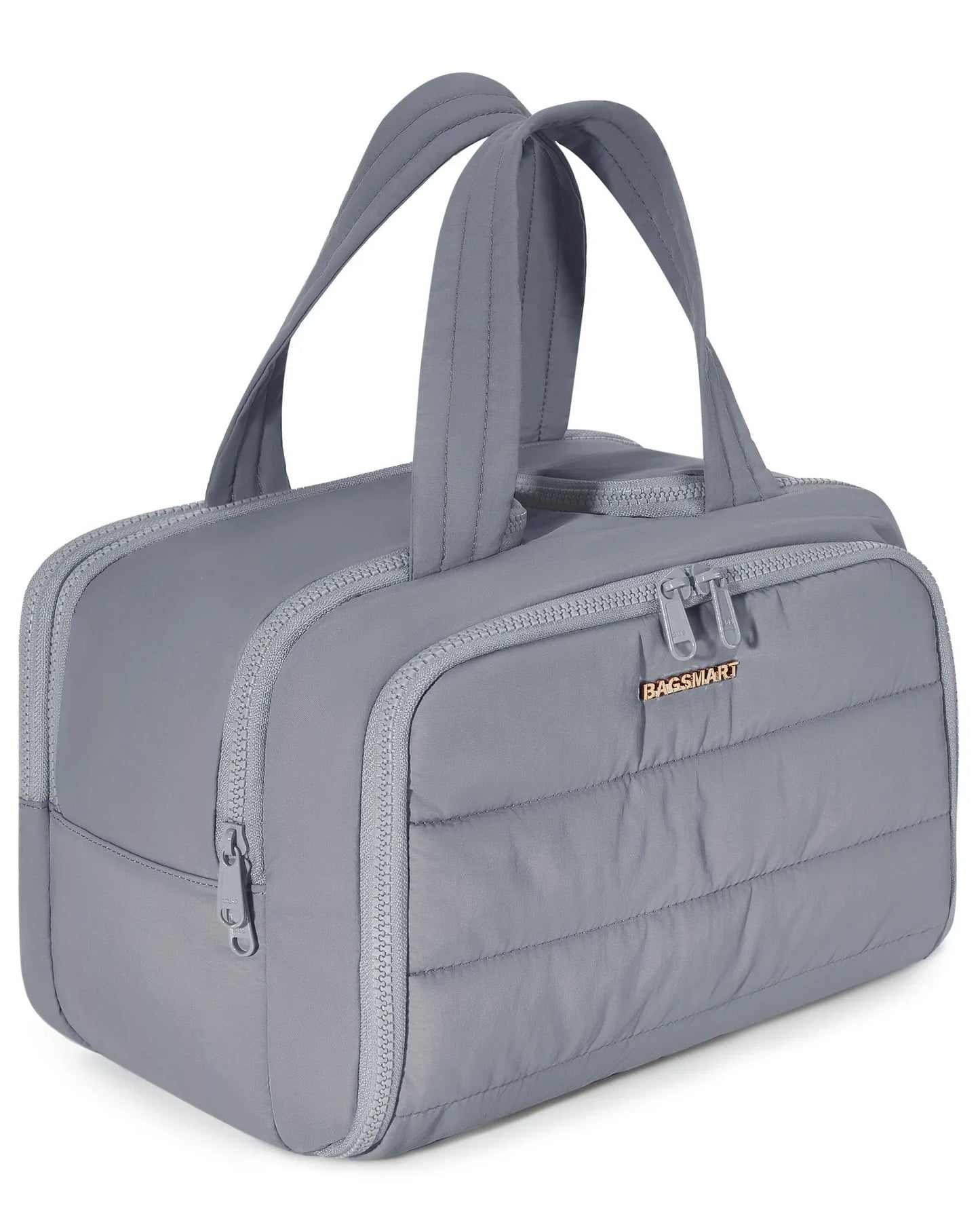Trousse de toilette grise montrant plusieurs compartiments