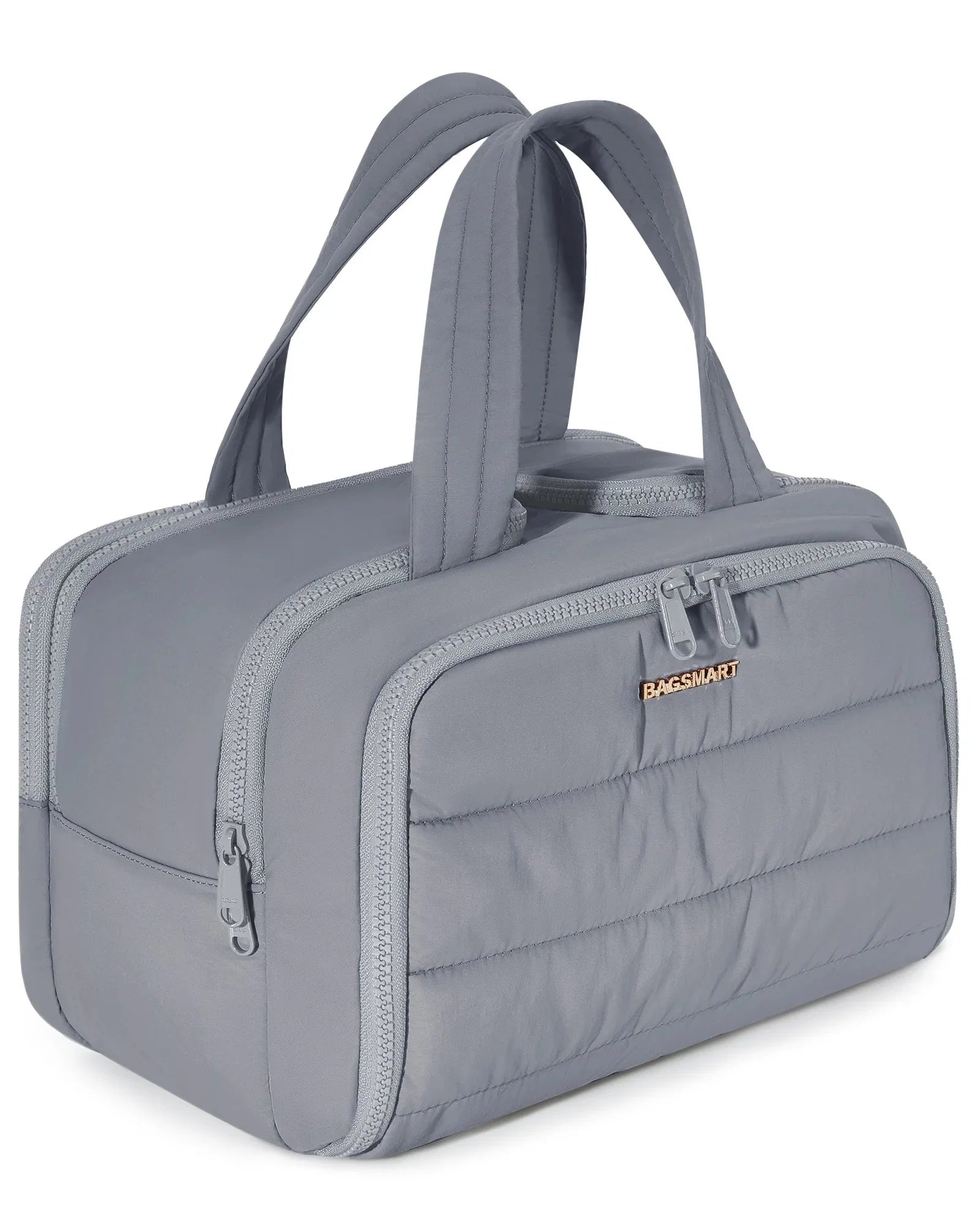Trousse de toilette grise montrant plusieurs compartiments