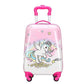 Vue latérale d'une valise enfant rose à roulettes avec licorne
