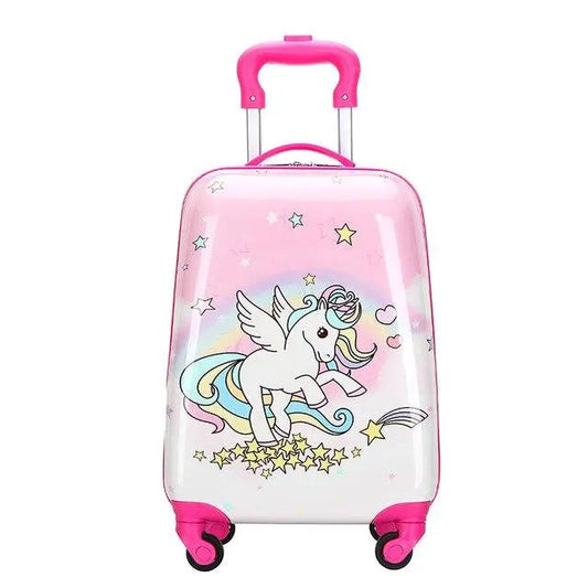 Vue latérale d'une valise enfant rose à roulettes avec licorne