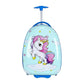 Vue latérale d'une valise enfant licorne, roulettes visibles