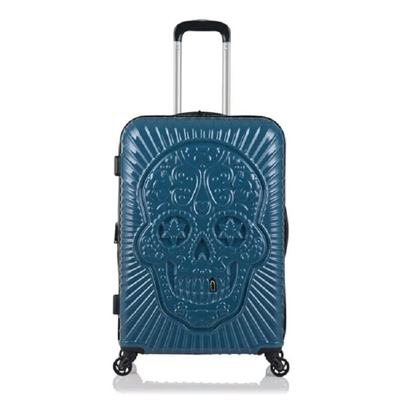 Valise bleue avec motif tête de mort mexicaine en relief