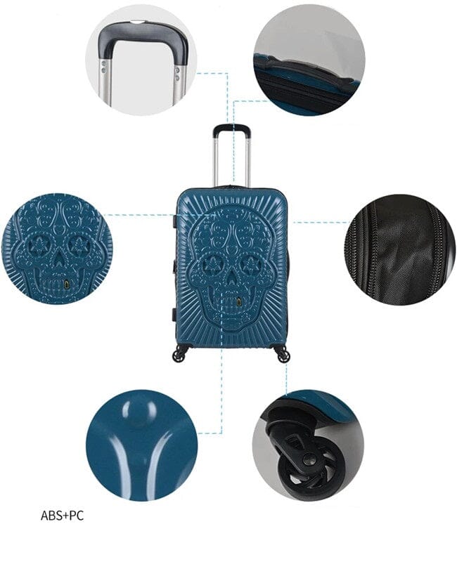 Vue latérale de la valise bleue avec tête de mort en relief