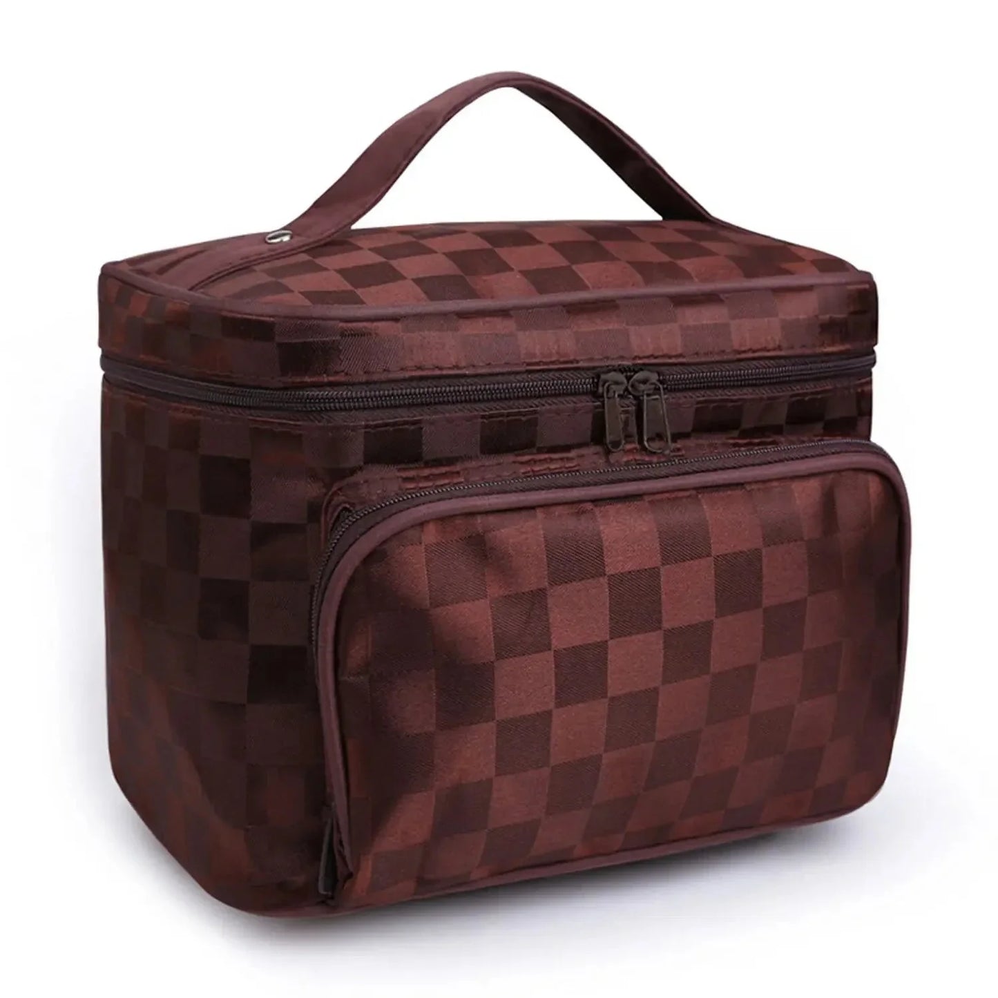 Vanity case marron, motif damier, vue latérale