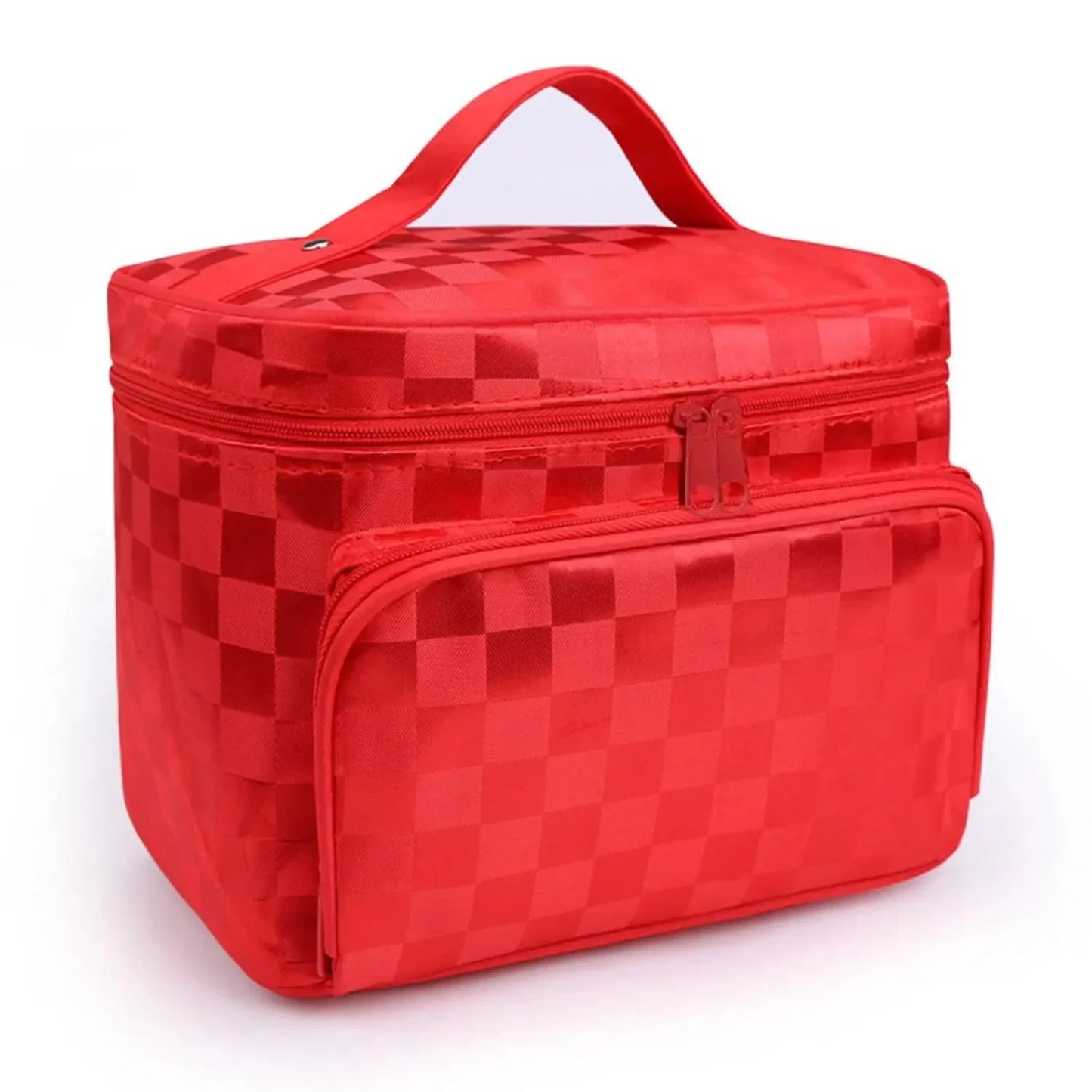 Vanity case rouge, design damier, poignée visible