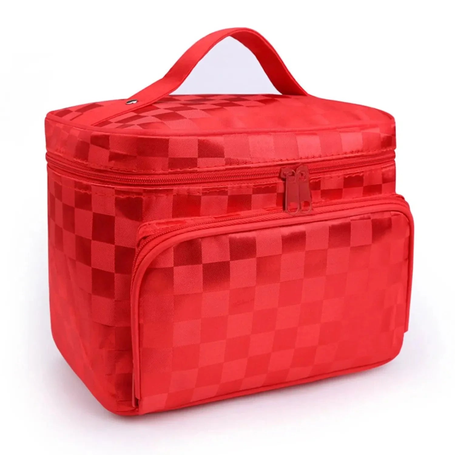 Vanity case rouge, design damier, poignée visible